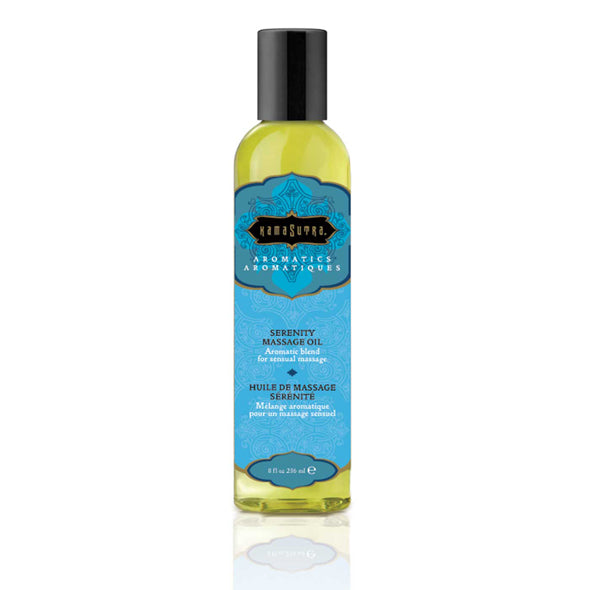 Kamasutra Serenity massage olie fles 236ml van De Paarse Keizerin op witte achtergrond