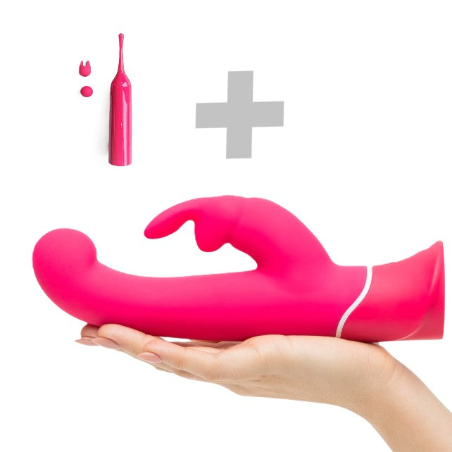 Roze rabbit-vibrator op hand met bijpassende mini-vibrator en plusteken erboven