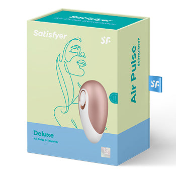 Satisfyer Pro 2 Deluxe verpakking in groen-blauw design met Air Pulse Stimulator in roségoud en wit