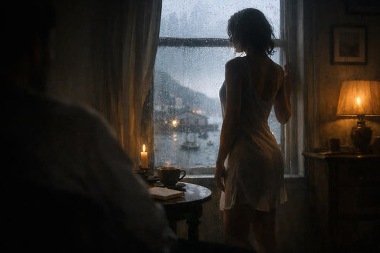 Een vrouw staat in een lichte jurk bij een raam met regendruppels, zacht verlicht door kaarslicht, terwijl een man op de achtergrond toekijkt in een intieme, melancholische sfeer.