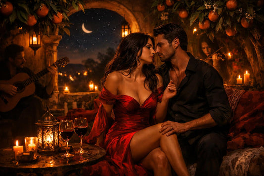 Romantische, zwoele avondscène onder sinaasappelbomen, waar een elegant gekleed stel elkaar intiem aankijkt bij kaarslicht, met wijn, muziek en een warme mediterrane sfeer.