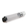 Transparante Vacurex penispomp cilinder met witte pomp en zwarte afdichtring, witte achtergrond