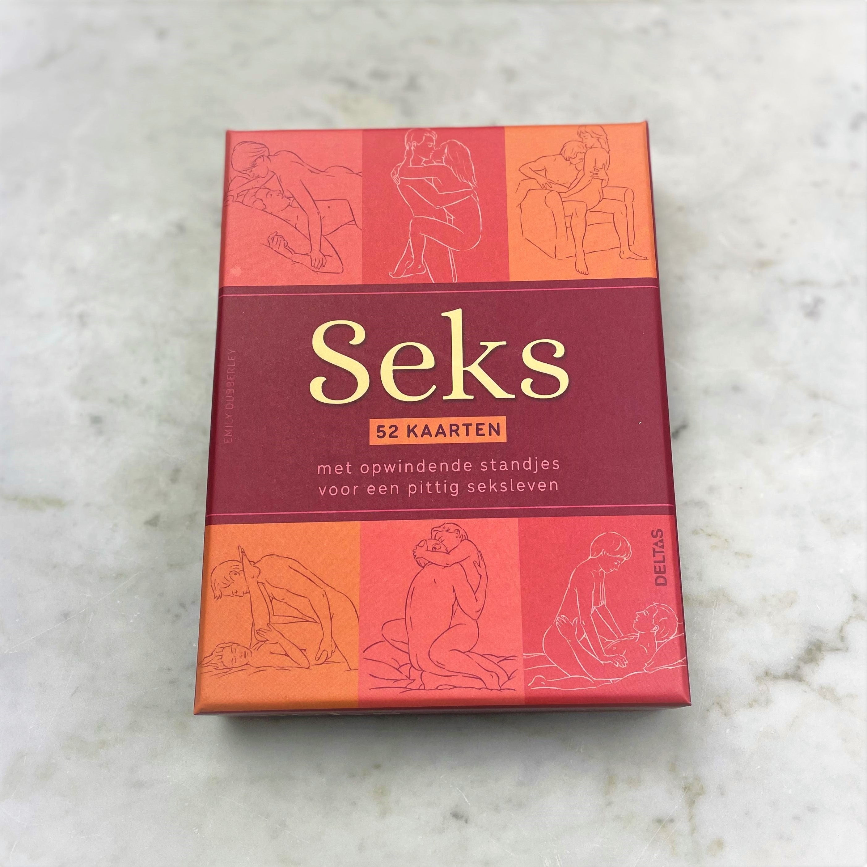 Doos Seks 52 kaarten met illustraties van standjes op rood-oranje achtergrond