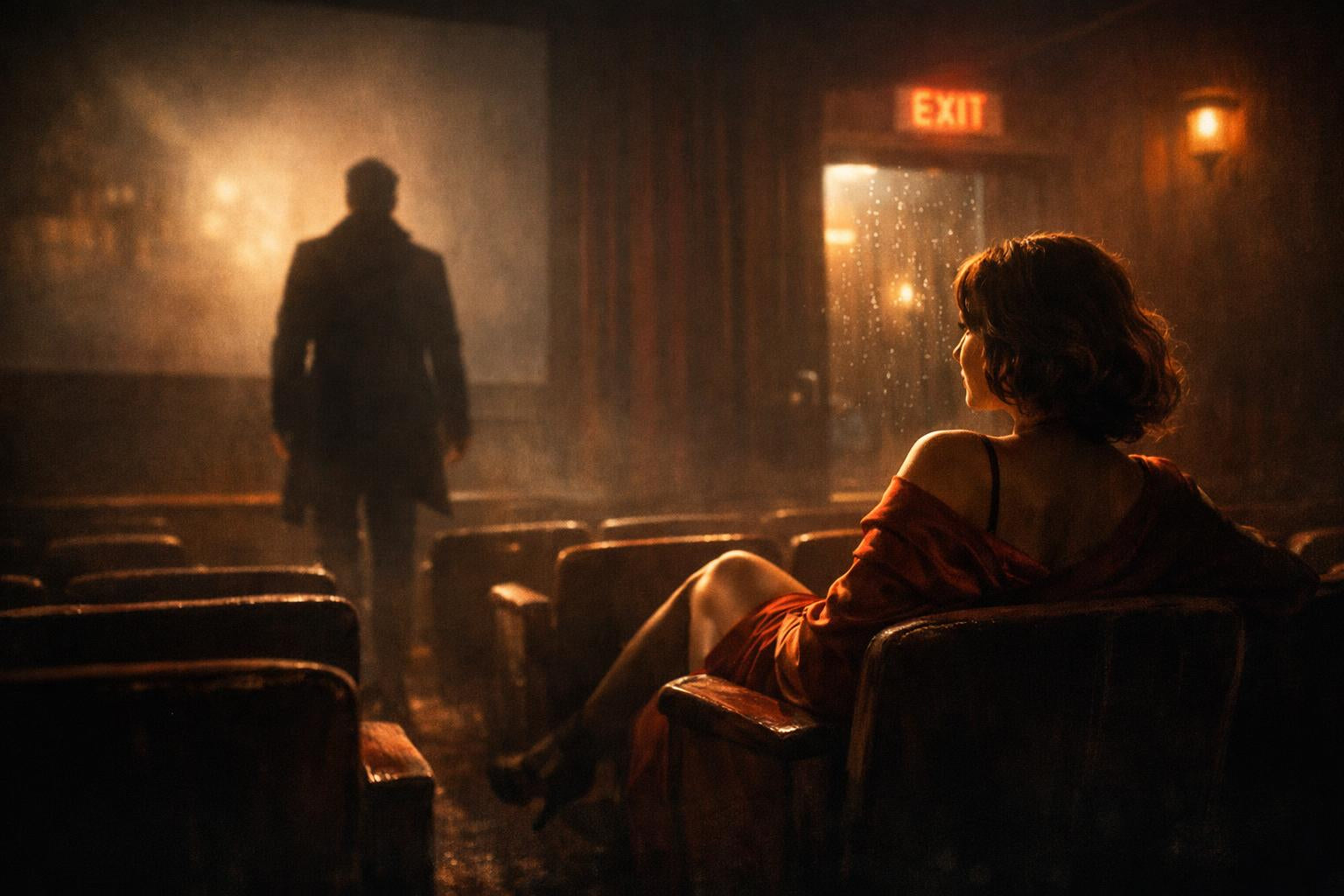 Schaduw van een man in een bijna lege bioscoop, terwijl een vrouw achterin zijn komst voelt in het zachte licht.