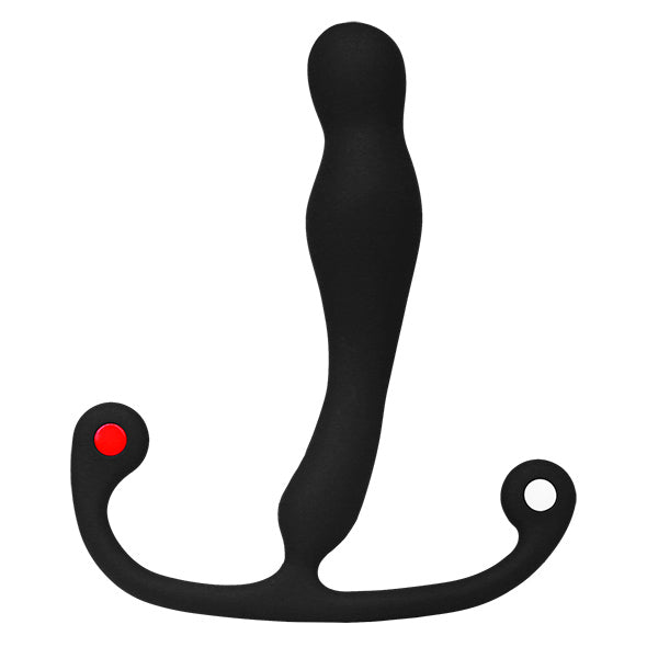 Zwarte Aneros Eupho Syn prostaatmassager met slanke geribde schacht en rode stip