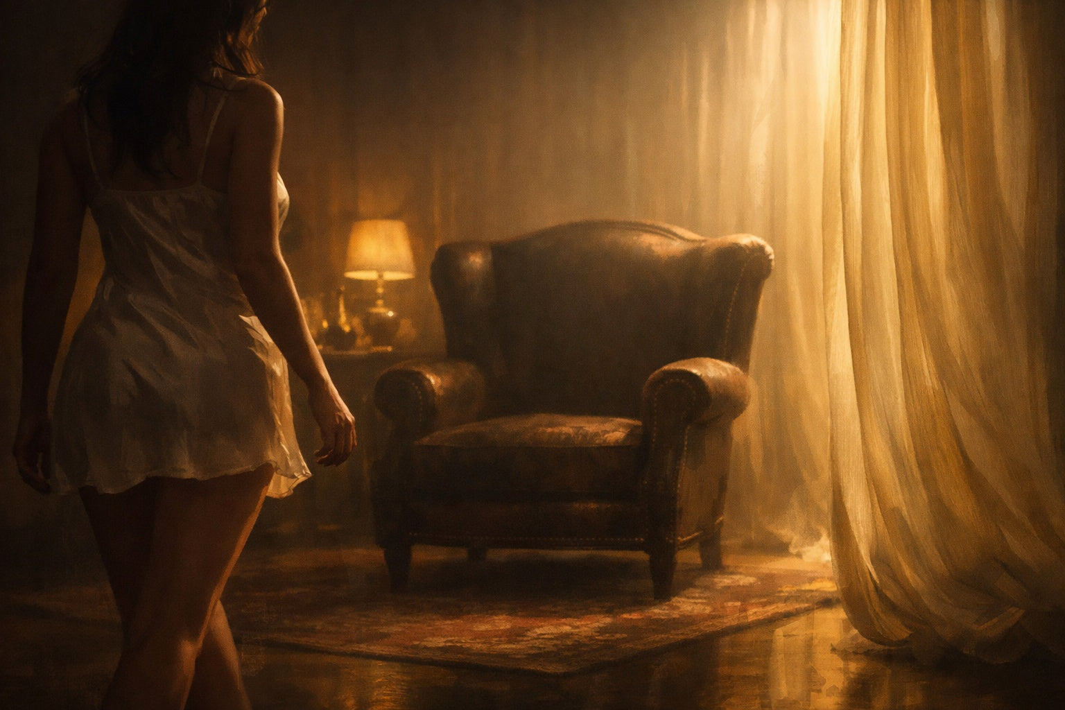 Zacht verlichte kamer met een bleekgeel gordijn, een vrouw die aarzelend naar voren stapt en een grote stoel in het midden