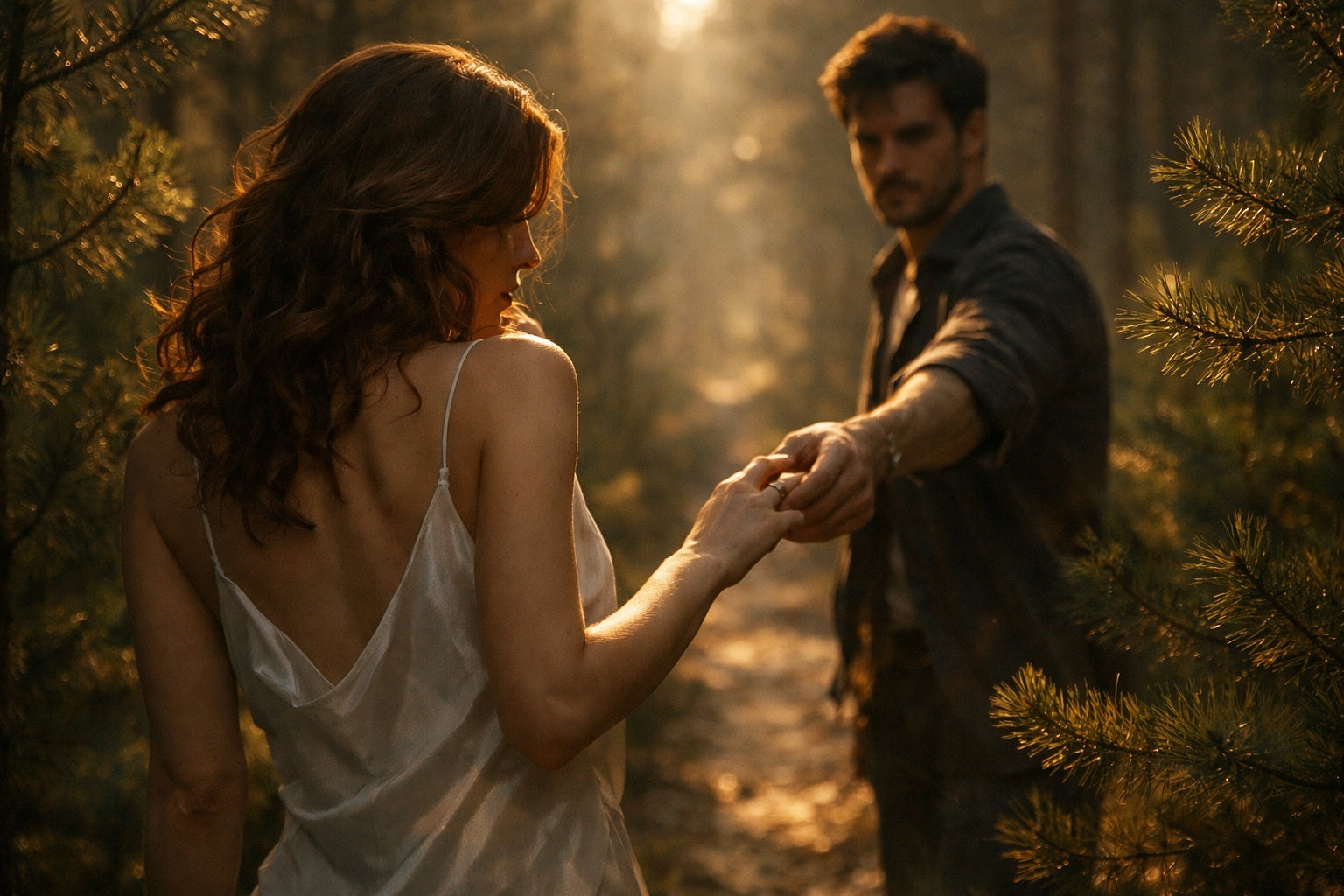 Twee figuren in een dennenbos, badend in warm namiddaglicht, op een smal pad vol spanning en belofte.