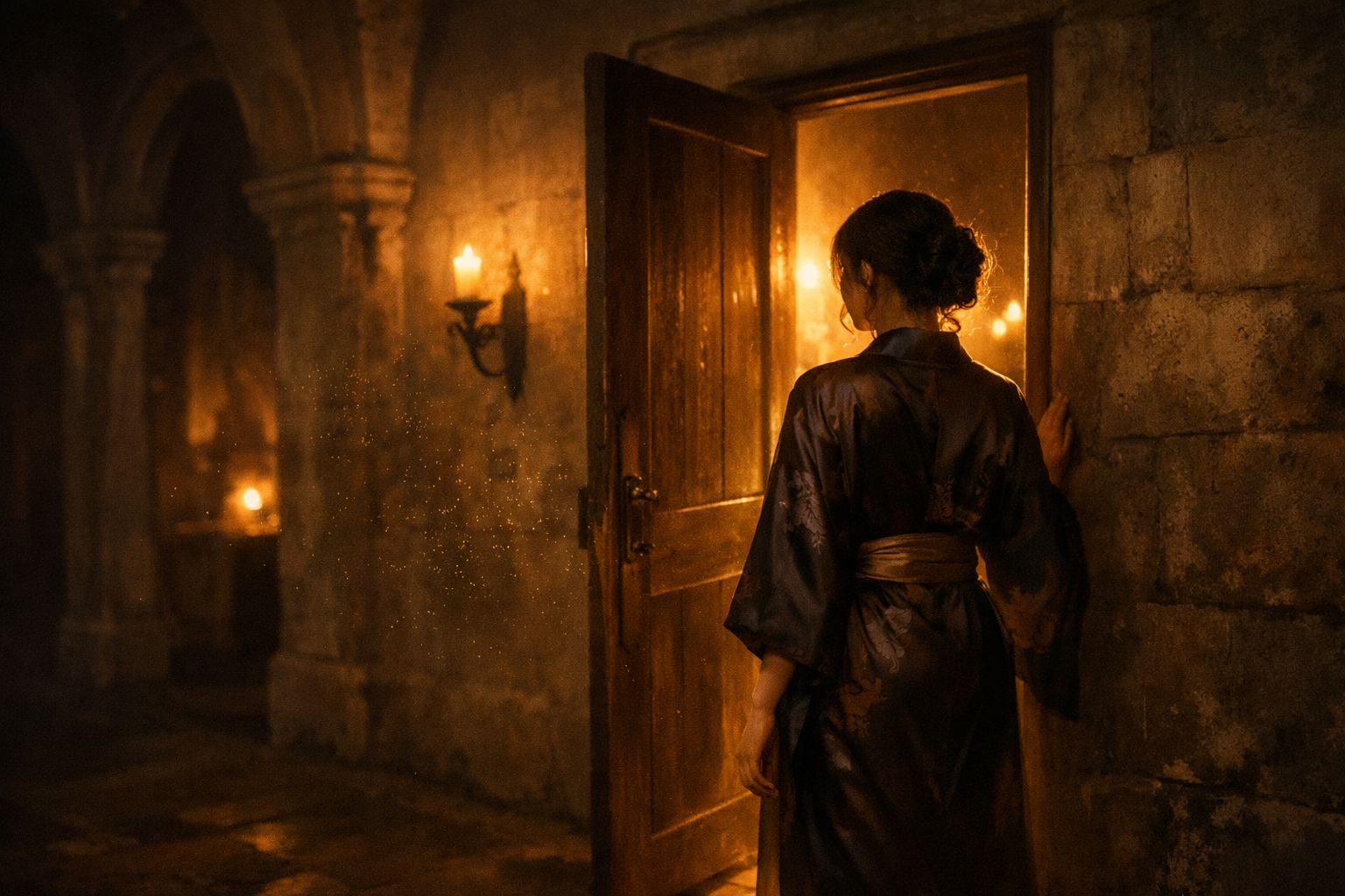 Een stille kloostergang in warm avondlicht, een vrouw in kimono aarzelt bij een halfopen deur vol belofte.