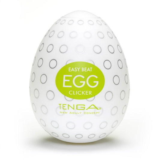 Tenga Easy Beat Egg Clicker masturbator in wit met groen label en cirkelpatroon
