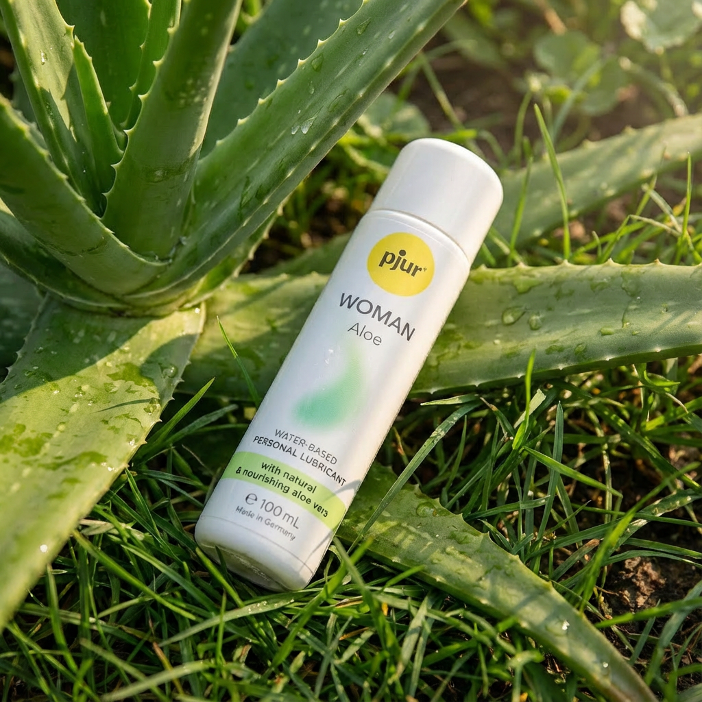 Zijaanzicht van Pjur Woman Aloe Vera 100ml flesje met transparante inhoud en witte doseerpomp