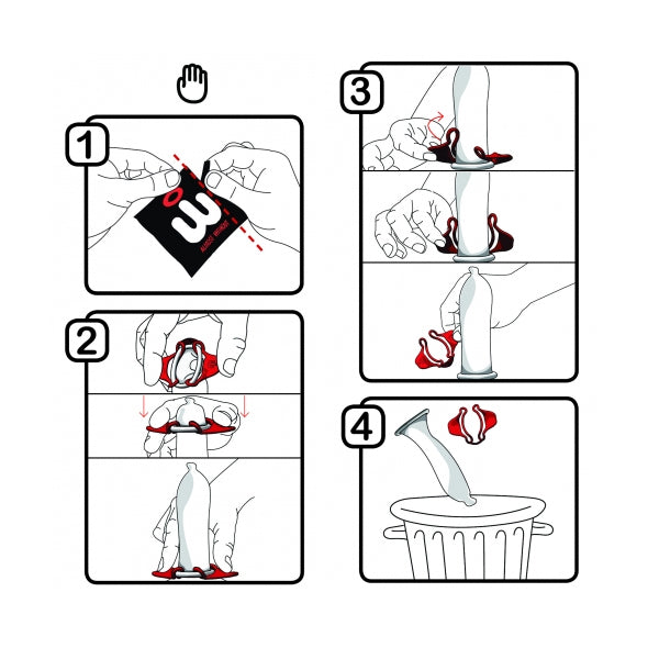 Wingman condoom gebruiksinstructie in 4 stappen met één hand: openen, plaatsen, afrollen.