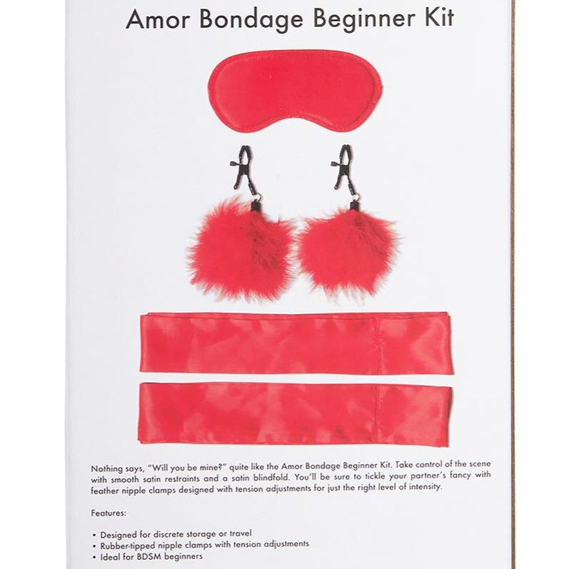 Bondage Beginners Kit van De Paarse Keizerin in passie rood op witte achtergrond met alle onderdelen zichtbaar
