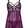 Paarse babydoll van doorschijnende mesh met kanten cups, kruisbandjes en bijpassend stringetje