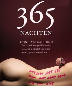 Boekomslag 365 Nachten met naakte vrouwenrug en rode turftekens op donkerrode achtergrond