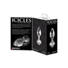 Icicles verpakking achterkant zilver/zwart met transparante glazen buttplug afgebeeld.