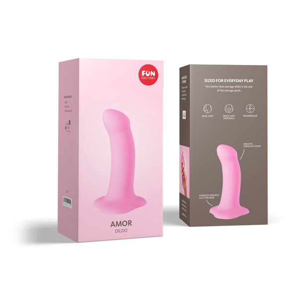 Fun Factory Amor dildo in roze verpakking met productkenmerken zichtbaar