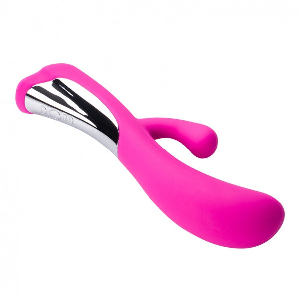 Dorr Iora rabbit vibrator in felroze met chromen accent en clitorisstimulator