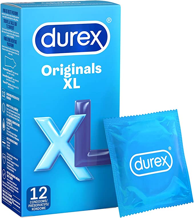 Durex Comfort XL condooms, lichtblauwe doos met 12 stuks en los verpakt condoom ernaast.