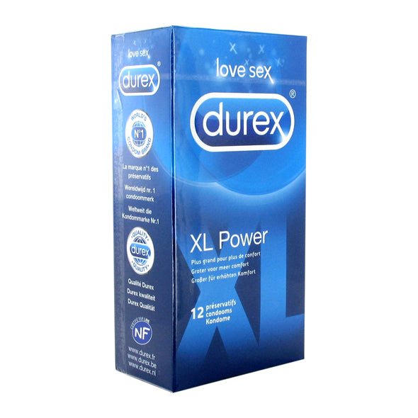 Durex Comfort XL Power condooms, donkerblauwe doos met 12 stuks, 'love sex' opschrift.