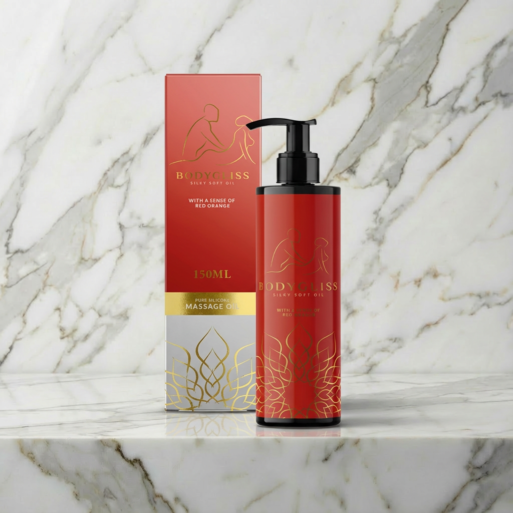 Body Gliss massage olie Red Orange 150ml fles van De Paarse Keizerin op witte achtergrond