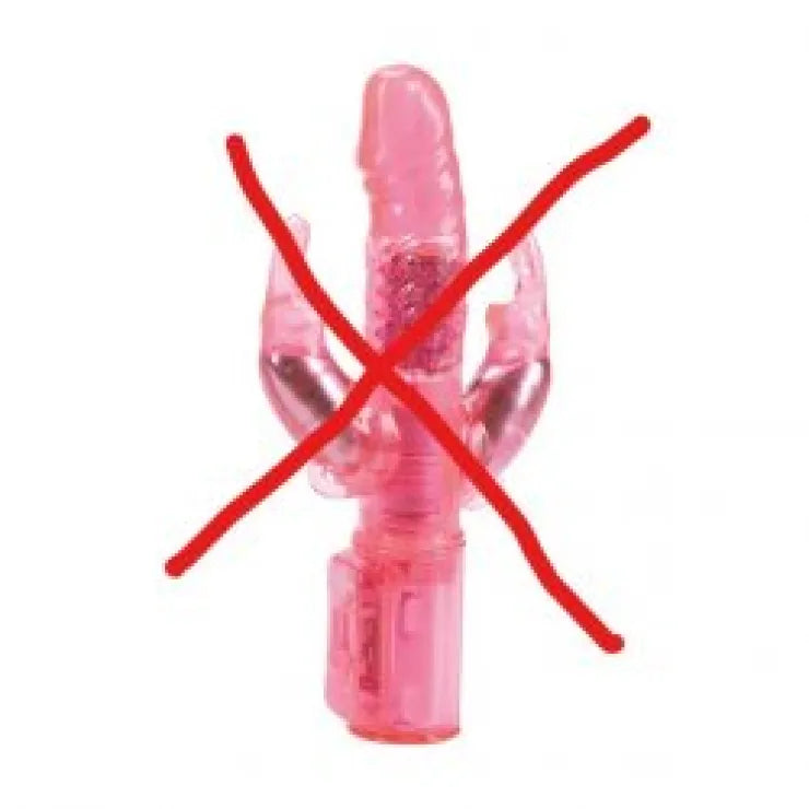 Roze jelly rabbit vibrator van onveilig materiaal met rood kruis als waarschuwing tegen goedkope sextoys