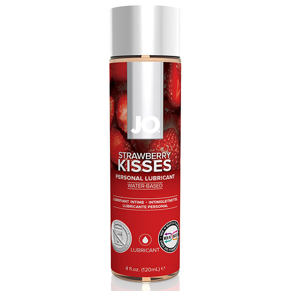 JO Strawberry Kisses glijmiddel op waterbasis 120 ml, rode fles met aardbeien-afbeelding.
