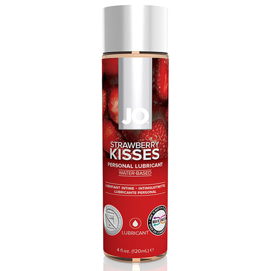 JO Strawberry Kisses glijmiddel op waterbasis 120 ml, rode fles met aardbeien-afbeelding.