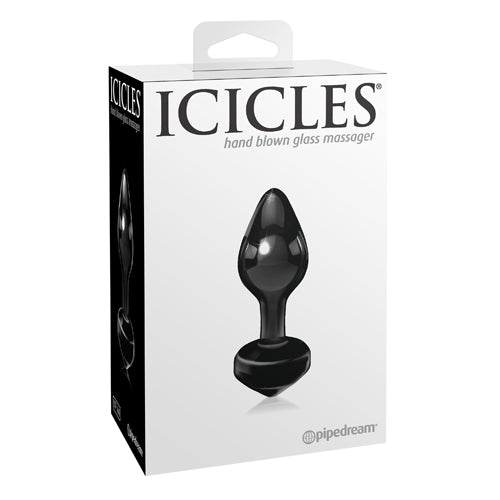 Handgeblazen glazen buttplug Icicles, witte verpakking met zwart product en Pipedream-logo.