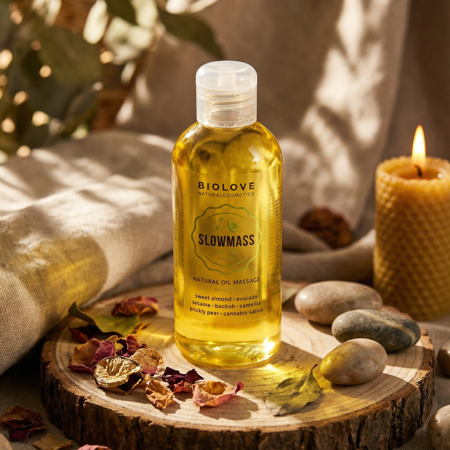 Zijaanzicht Slowmass massageolie fles met pompje, geschikt voor speeltjes en intimiteit