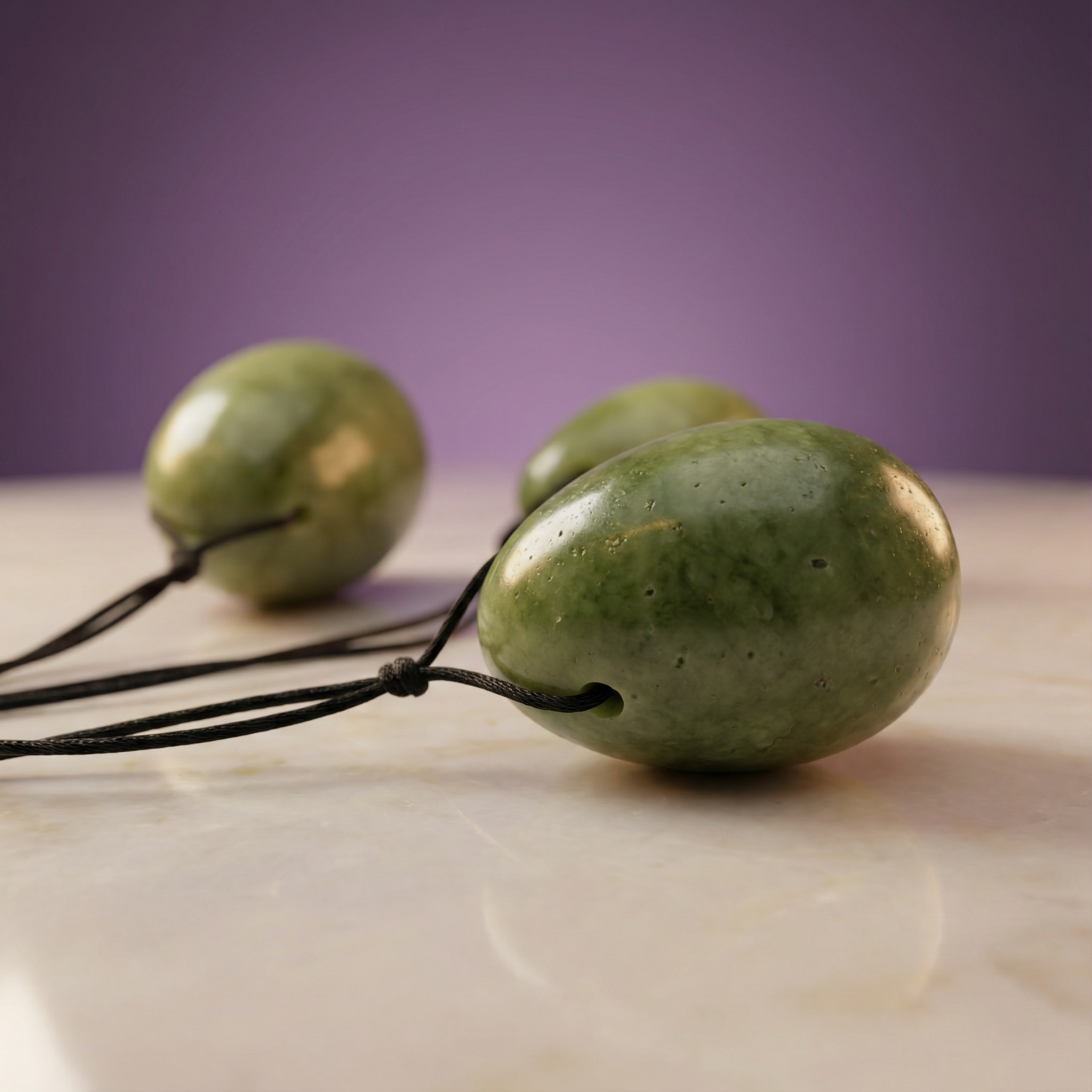 Zijaanzicht van jade yoni eitjes set met verschillende maten voor bekkenboeroefeningen