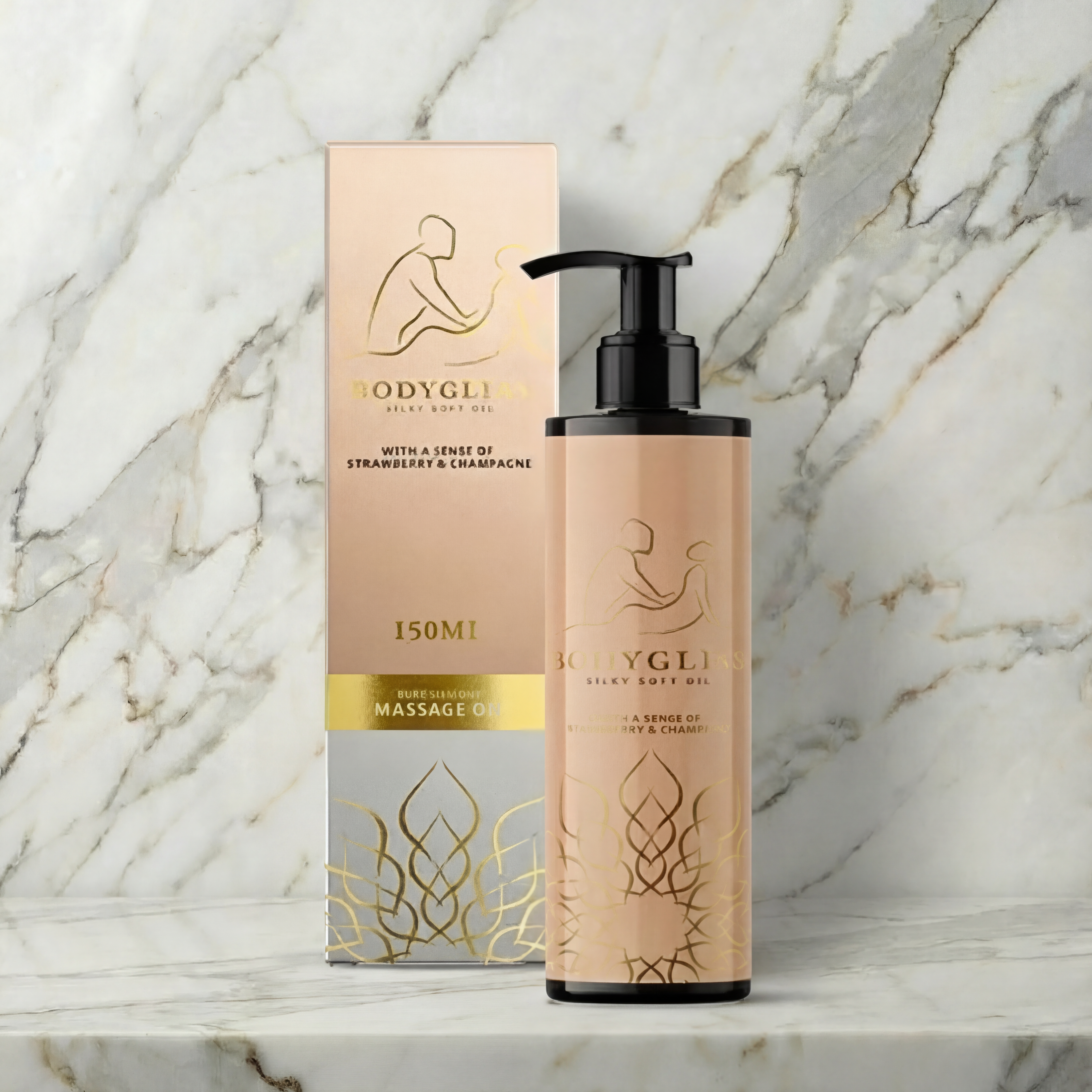Bodygliss Massage Olie Delight fles van 150ml met pomp dispenser op neutrale achtergrond