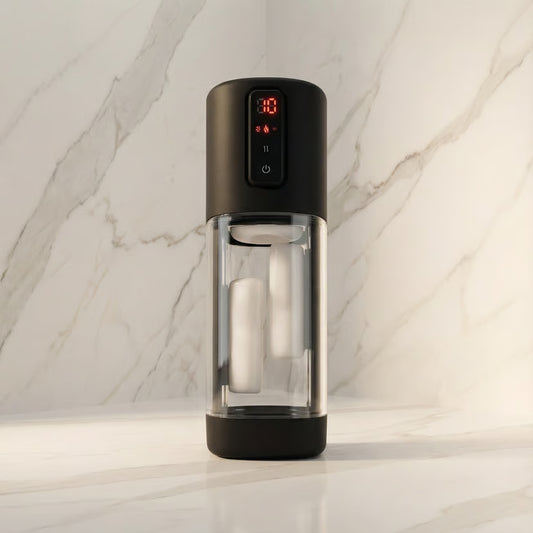 Cruizr CX11 masturbator vooraanzicht met verwarmingsfunctie en vibratiesettings