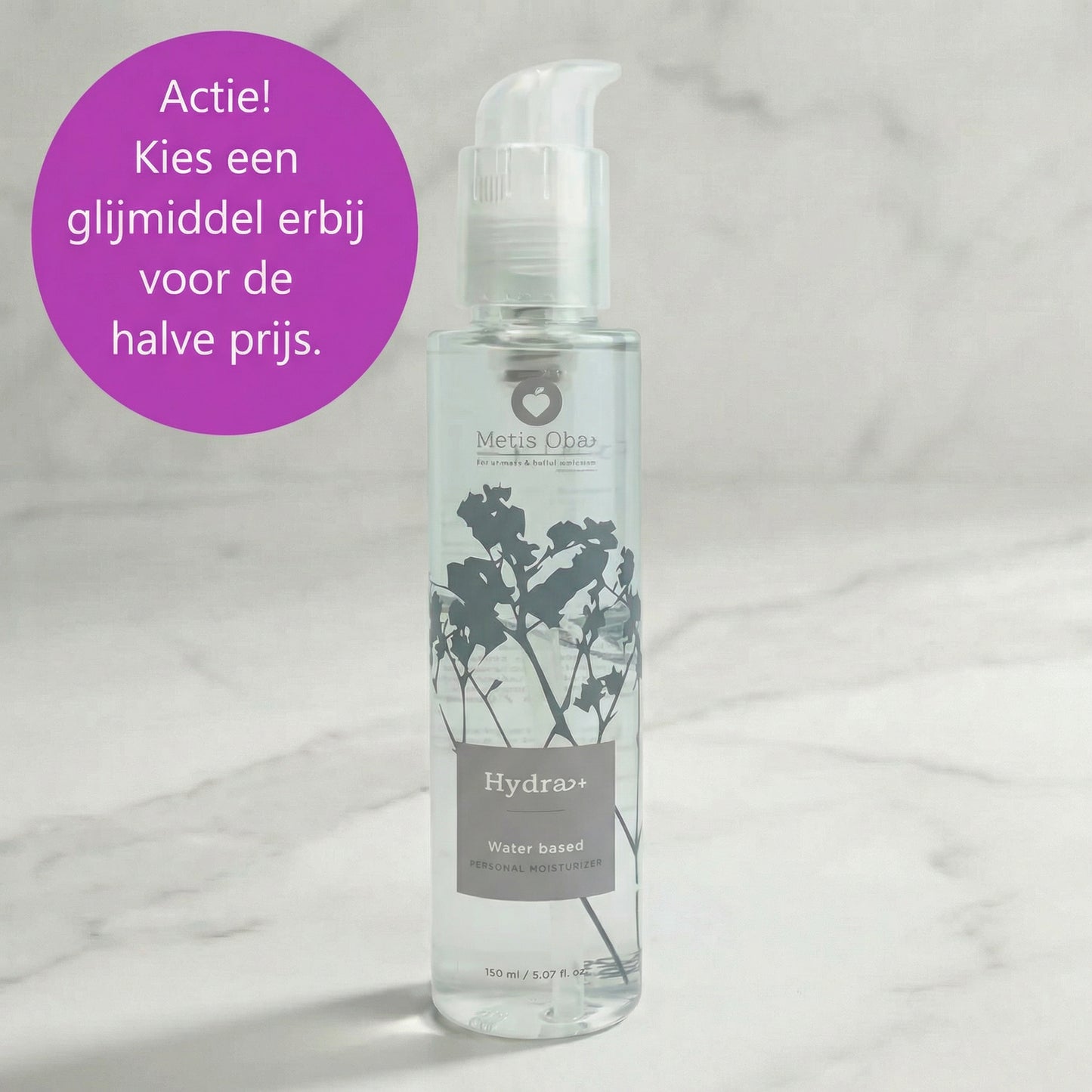 Hydra+ Premium glijmiddel op waterbasis 150ml fles van De Paarse Keizerin op witte achtergrond