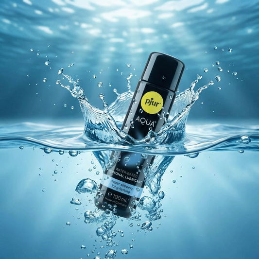 Zijaanzicht Pjur Aqua 100ml glijmiddel met praktische doseerflacon en merklogo