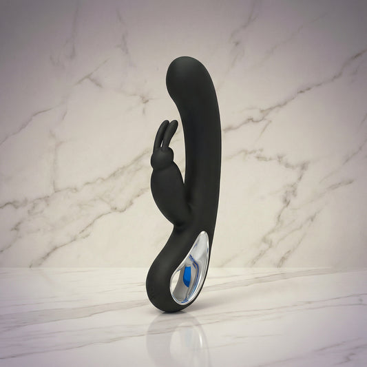 Luxe zwarte rabbit vibrator met clitorisstimulator en chromen handvat