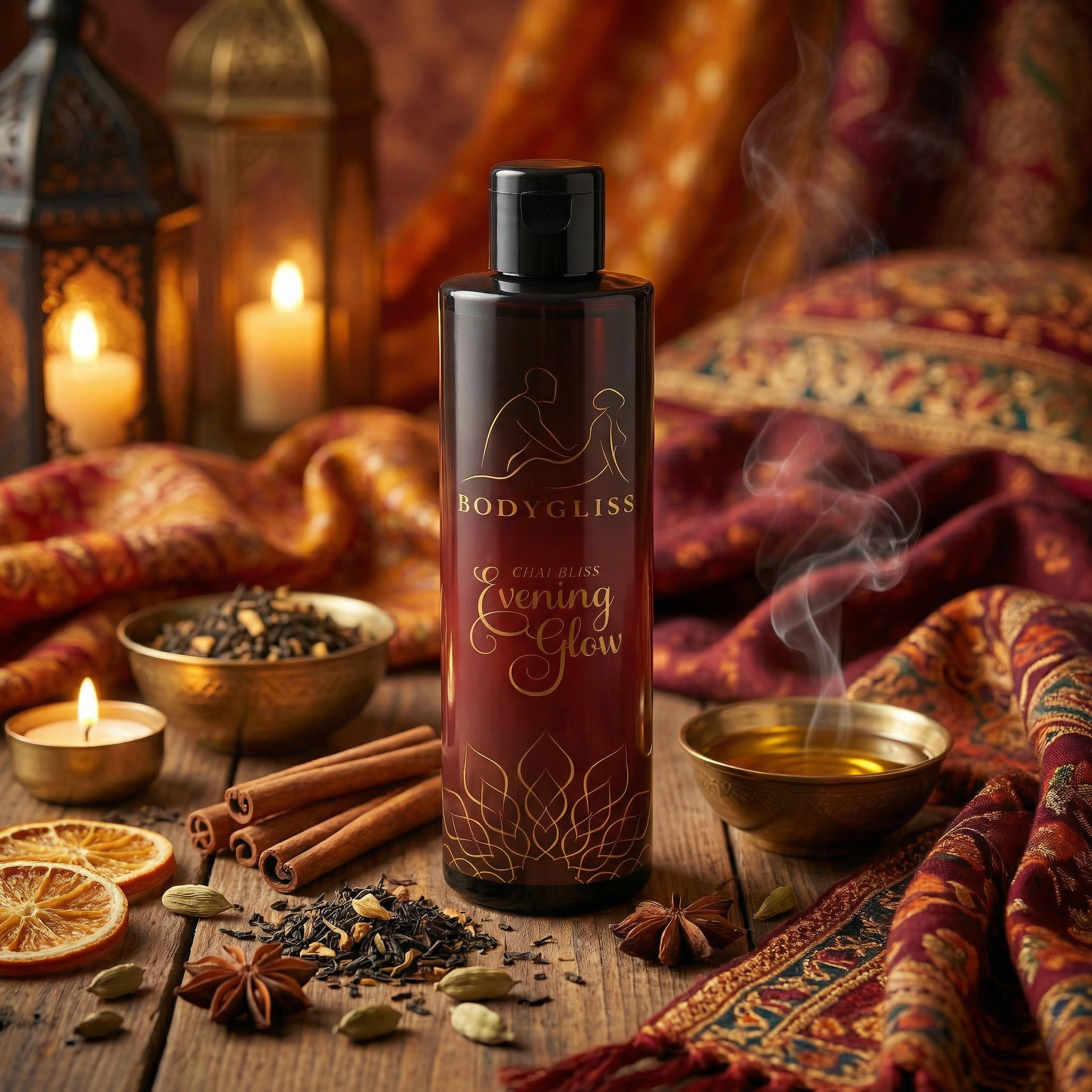 Bodygliss Chai Bliss massage olie zijaanzicht met ingrediënten en productinformatie zichtbaar