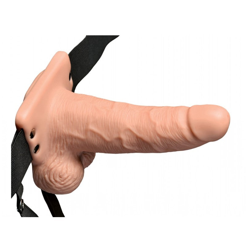 Stevige vibrerende holle strap-on van De Paarse Keizerin maat S op witte achtergrond