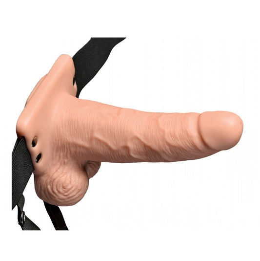 Stevige vibrerende holle strap-on van De Paarse Keizerin maat S op witte achtergrond