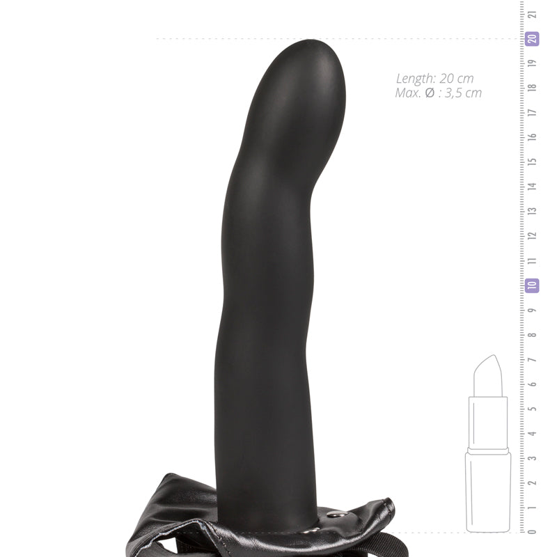 Verpakking en bijbehorende accessoires van De Paarse Keizerin holle strap-on