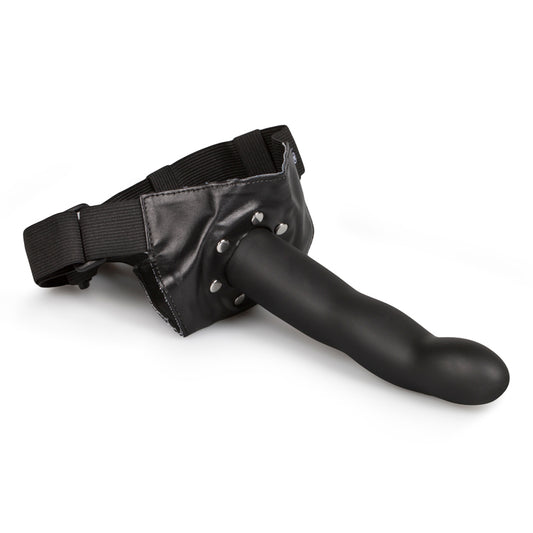 Ouch holle strap-on zwart met verstelbaar harnas - zijaanzicht met zichtbare dildo