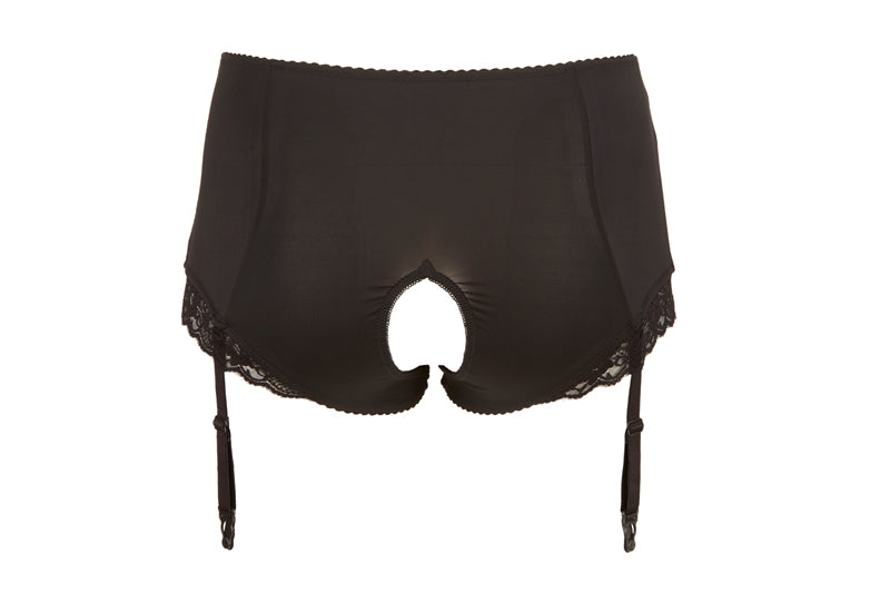 Zijaanzicht van XL tailleslip met jarretels van De Paarse Keizerin, elegante pasvorm getoond