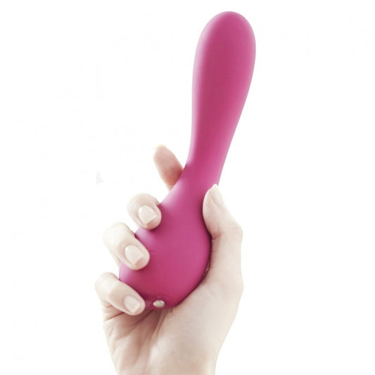 Zijaanzicht van paarse Uma vibrator van Je Joue, toont de elegante gebogen vorm en glad siliconen oppervlak