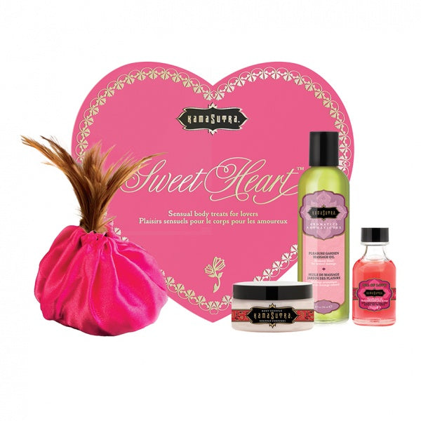 Kama Sutra Sweet Heart cadeauset met roze hartdoos, massage-olie, bodycrème en veerkwast
