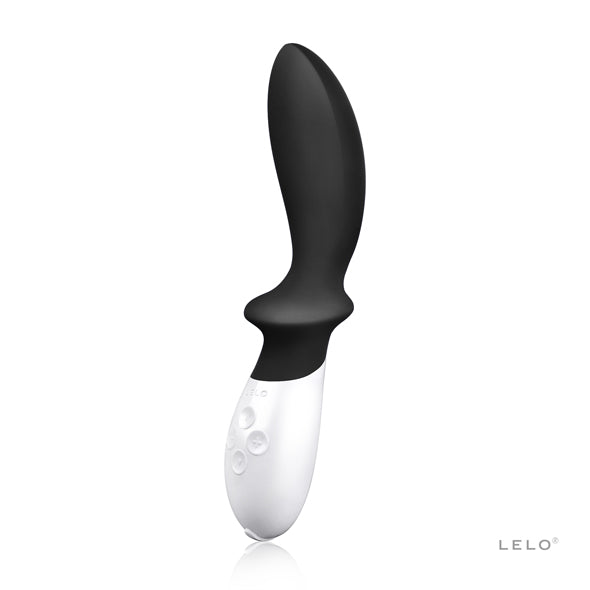 Zijaanzicht van de Lelo Loki met ergonomische curve en bedieningspaneel zichtbaar
