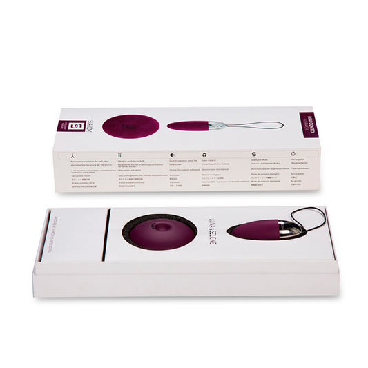 Svakom Luna Selene vibrerend eitje in donkerpaars met draadloze afstandsbediening in geopende witte verpakking
