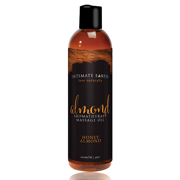 Intimate Earth Almond aromatherapy massage-olie honing en amandel, 120 ml bruine fles met zwarte schroefdop
