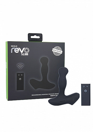 Zijaanzicht Nexus Revo Slim roterende massager toont gebogen design en bedieningsknoppen aan onderkant