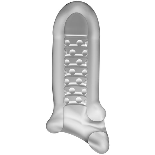 Transparante penis sleeve van De Paarse Keizerin voor verlenging en extra dikte op witte achtergrond