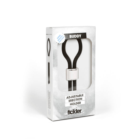 Tickler Buddy verstelbare lasso penisring in verpakking, zwart siliconen met schuifgesp