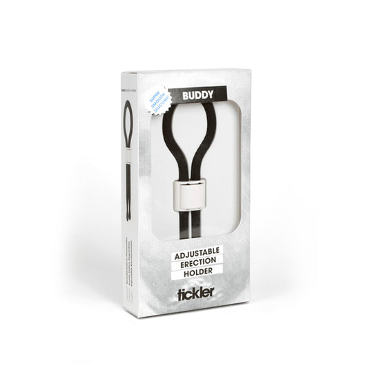 Tickler Buddy verstelbare lasso penisring in verpakking, zwart siliconen met schuifgesp